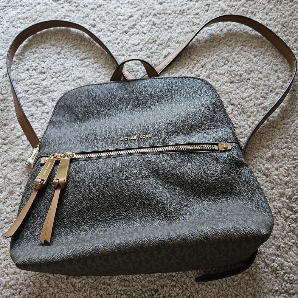 Michael Kors Gray and Brown Backpack with Gold Accents